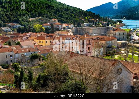 Historische Stadt Ston mit Blick von den Mauern von Ston, Kroatien über die Kirche des Heiligen Nikolaus und die Adria. Stockfoto