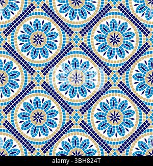 Nahtloses Muster aus runden Mosaikfliesen mit stilisierten Blumenmustern in Blau- und Brauntönen Stock Vektor