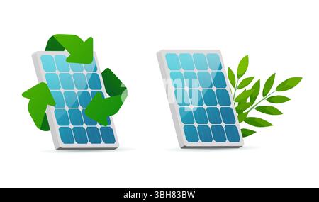 Förderung erneuerbarer Energien und umweltfreundlicher Praktiken mit Solarpaneelen, Recycling-Symbol und grünen Blättern, nachhaltiger Energie und Umweltbewusstsein Stock Vektor