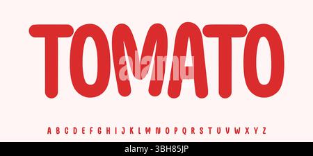 Sommer Tomatenschrift, Zeichentrick fröhlich farbiges Alphabet, abgerundete, verspielte Schriftart für helle Kindertischtitel, freundliches Logo. Kindisch Stock Vektor
