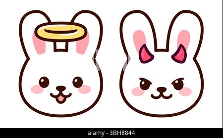 Engel mit Halo und Teufel mit Hörnern Hasengesicht, süße Zeichentrickzeichnung. Einfache Kawaii-weiße Kaninchen-Illustration. Stock Vektor