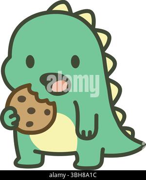 Süßer grüner Dinosaurier, der einen Schokoladen-Chip-Keks isst Stock Vektor