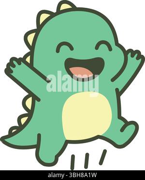 Aufgeregter grüner Dinosaurier, der mit einem großen, glücklichen Lächeln aufspringt Stock Vektor