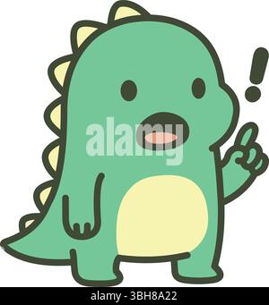 Süßer grüner Dinosaurier, der mit einem Ausrufezeichen nach oben zeigt, überrascht ist oder eine Idee hat Stock Vektor