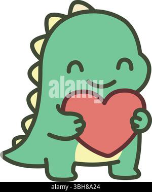 Glücklicher, süßer grüner Dinosaurier, der ein großes rotes Herz hält oder umarmt und Liebe und Freundlichkeit ausdrückt Stock Vektor