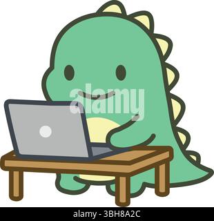 Lächelnder grüner Dinosaurier, der am Schreibtisch sitzt und an einem Laptop arbeitet Stock Vektor