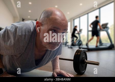 Ein reifer Mensch übt auf dem Fitnessraum Krafttraining mit sichtbaren Cardio-Geräten im Hintergrund aus und zeigt Entschlossenheit, Fitness, Stockfoto