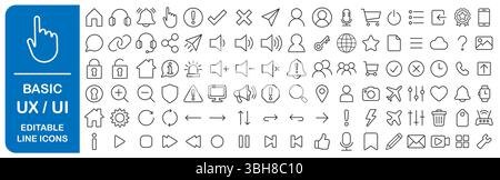 Basic UX UI bearbeitbare Zeilensymbole gesetzt. Websymbol, Website, Symbolsammlung für mobile Apps. Vektorabbildungsbild. Isoliert auf weißem Backgr Stock Vektor