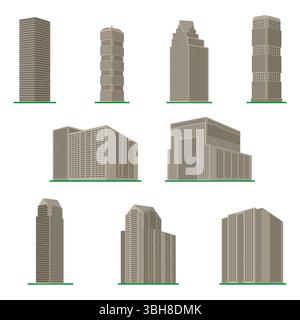 Neun moderne Hochhäuser auf weißem Hintergrund. Blick auf das Gebäude von unten. Abbildung des isometrischen Vektors. Stock Vektor