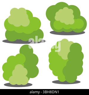 Set aus vier verschiedenen grünen Zeichentrickbüschen isoliert auf weißem Hintergrund. Vektorabbildung Stock Vektor