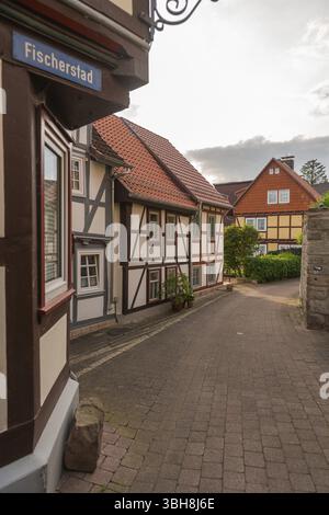 Alte Fischersiedlung entlang der Werra, Bad Sooden, Allendorf, Bezirk Allendorf, Straße Fischerstad unter Denkmalschutz, Schriftstraße Stockfoto