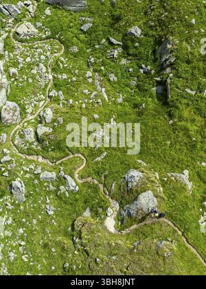 Der Wanderweg windet sich durch Bergwiesen mit Steinen durchzogen, von oben aus, Blick aus der Vogelperspektive, Wallis, Westalpen, Schweiz, Europa Stockfoto