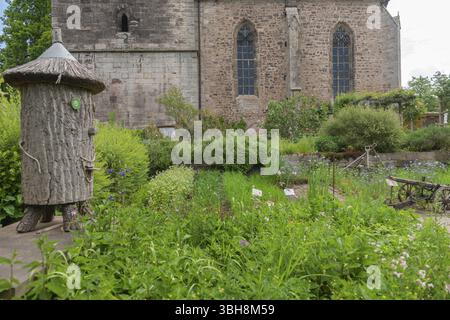 Kirche und Bibelgarten der St. Crucis Kirche, Bad Sooden, Allendorf, Allendorf Bezirk, Symbol des Paradiesgartens mit biblischer Flora, Beeten, Früchten u. a. Stockfoto