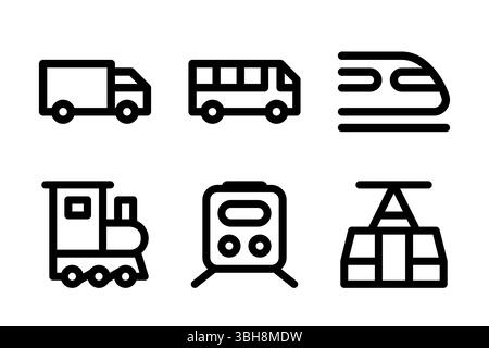 Eine Reihe von wichtigen Symbolen für öffentliche und schwere Transportmittel. Perfekt für Stadtführer, Logistik-Apps und Infrastrukturprojekte, die Tru abdecken Stock Vektor