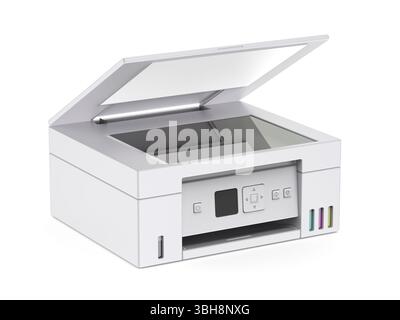 Moderner All-in-One Farbkopierer auf weißem Hintergrund Stockfoto