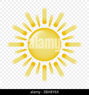 Ein Symbol der Sonne mit Strahlen auf transparentem Hintergrund. Eine dreidimensionale Sonne mit Lichtern und Strahlen. Stock Vektor