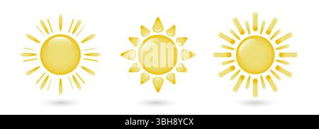 Eine Reihe von Sonnensymbolen. Eine Reihe heller Sonnensymbole mit Strahlen. Ikonen der gelben Sonnensterne. Stock Vektor