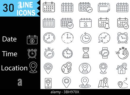 Sammlung von Symbolen für Datum, Uhrzeit, Adresse und Standort. Bearbeitbare Kontur für Mobilgeräte und Web. Isoliert auf weißem Hintergrund Stock Vektor