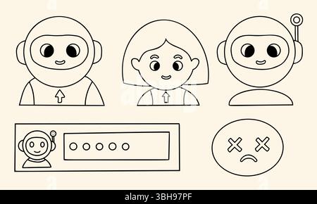 Skizzieren Sie Chatbot, Gesichter, virtuelle Assistenten und Symbole für menschliche Emotionen für KI-Schnittstelle. Vektor-lineare Handzeichnung Set mit Ausdrücken, technischer Unterstützung, Stock Vektor