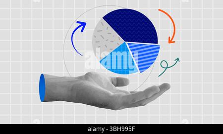 Diagramm mit Retro-Collage-Handhaltern. Geschäftsdaten und Marktanteilskonzept. Moderner Retro-Grunge. Vektorabbildung Stock Vektor