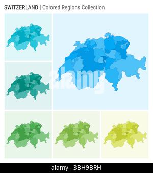 Kartensammlung Schweiz. Länderform mit farbigen Regionen. Hellblau, Cyan, Petrol, grün, hellgrün, Farbpaletten in Limettenfarben. Stock Vektor