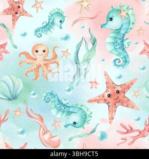 Seepferdchen, Seesterne, Kraken Kinderillustration nahtloses Muster auf minzrosafarbenem Aquarellfleck. Isolierte Charaktere, Algen, Wasserblasen Stockfoto