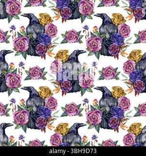 Nahtloses Vintage-Muster in Aquarellfarben. Rabenvögel mit Rosen. Halloween Gothic nahtloses Muster mit gruseligen Vögeln und Blumen im Gothic-Stil. Aquarell Stockfoto