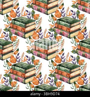 Aquarell Herbst Cottagecore Alte Bücher Nahtloses Muster, Vintage-Leseroutine Textur Stockfoto