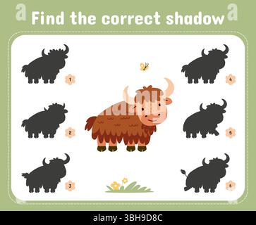 Finde den richtigen Yak-Schatten. Lustige Yaks Schatten. Entwicklung pädagogisches Spiel für Vorschulkinder oder Kindergartenkinder, heute Vektorvorlage Stock Vektor