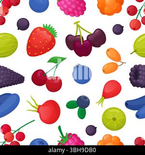 Nahtloses Cartoon-Beerenmuster. Süße Beeren, Cartoon Erdbeere, Kirsche, Heidelbeere, Himbeere. Organisches Lebensmitteldruckdesign, neoterischer Vektor-Hintergrund Stock Vektor