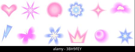 Geometrische Form des Verlaufs für Weichzeichnungsverläufe festgelegt. Y2K Retro Herz, Stern und Kreis mit Blume. Farbenfroher Schmetterling mit Abstufung, Kronensymbole auf weißem Hintergrund. Trendig Stock Vektor