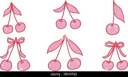 Kirschkreide gezeichnetes Set. Coquette rote und rosa Strichbeeren mit Bögen und Blättern kritzeln isoliert auf weißem Hintergrund. Strukturiertes Element für Früchte Stock Vektor