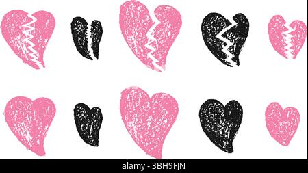 Gebrochene Herzen Buntstift gezeichnet Set. Trennmarkierungskritzeleien isoliert auf weißem Hintergrund. Liebe naive handgezeichnete Malelemente. Vektor rosa und schwarz Co Stock Vektor