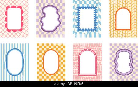 Funky-Retro-Bogen und geometrische Rahmen mit groovigem Schachbretthintergrund. Set aus lustigen Vintage-Farben mit Muschelrand. Textfelder oval, rechtwinklig Stock Vektor