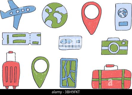 Travel Elements Buntstift gezeichnet Set. Koffer, Lageplan, Reisepass handgezeichnetes, strukturiertes Kritzelchen isoliert auf weißem Hintergrund. Taschen, Flugzeug, Pas Stock Vektor