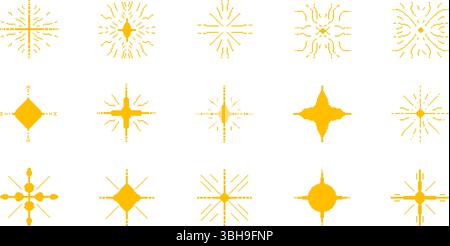 Pixel Art Stars. 8-Bit-Funkelset. Magische Feuerwerk-Symbole im Retro-Stil der 90er Jahre. Weihnachtsdekoration mit Glitzer. Y2K Schneeflocken. Vintage Party Elements iso Stock Vektor