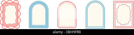 Retro-Coquettenrahmen. Set aus pastellfarbenen Rändern mit Muschelkanten. Textfelder und Schablonen für ovale, rechteckige und Bogenbeschriftungen für Einladungen. Vektor Stock Vektor