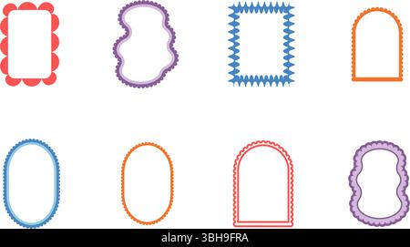 Funky-Retro-Bogen und geometrische, groovige Rahmen. Set aus lustigen Vintage-Farben mit Muschelrand. Ovales, rechteckiges Textfeld. Vektorillus Stock Vektor