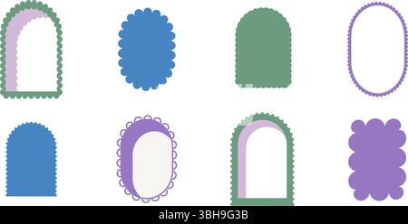 Retro-gewölbter Bogen und geometrische Rahmen. Set aus lustigen Vintage-Farben mit Muschelrand. Textfelder und Callout-Vorlagen für Einladungen. Ve Stock Vektor