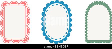 Funky-Retro-Bogen und geometrische Rahmen. Set aus lustigen Vintage-Farben mit Muschelrand. Ovales, rechteckiges Bogenschema für Textfelder. Vektorillustr Stock Vektor