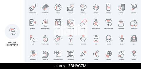 Online-Shopping-Support vom Kauf in der mobilen App bis zum Bestellen der Lieferposition. Werbeanzeigen, Geschenk- und Rabattbenachrichtigung, Zahlung, Logistik dünne schwarze und rote Umrisssymbole Vektorillustration Stock Vektor