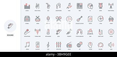 Musik aufnehmen und hören, Audio- und Multimedia-Audiosignale sowie Symbolsätze für Akustikgeräte hören. Playlist, DJ und Kopfhörer, Mikrofon dünne schwarze und rote Umrisssymbole Vektorillustration Stock Vektor