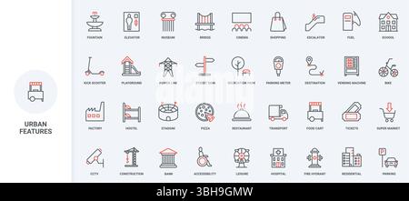 Städtische Infrastruktur, öffentliches und industrielles Gebäude, Tickets und Verkehrsmittel, urbane Features Line Icon Set. Architektur und Spielplatz, Rolltreppe dünne schwarze und rote Umrisssymbole Vektorillustration Stock Vektor