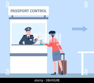 Tourist auf Passkontrolle. Frau mit Gepäck an der Sicherheitskontrolle zeigen Dokumente. Checkpoint am Flughafen, Grenzen, aktuelle Vektorszene Stock Vektor
