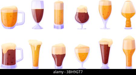 Cartoon-Bierglas. Verschiedene Gläser Bier, helle und dunkle Getränke mit Schaum in speziellen Bechern. Oktoberfest-Symbole, leichte alkoholische Getränke heutzutage Stock Vektor