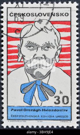 Von der Tschechoslowakei gedruckte gestempelte Briefmarke, auf der Pavol Orszagh Hviezdoslav (1849–1921), slowakischer Schriftsteller, um 1969 zu sehen ist. Stockfoto