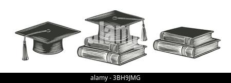Vektorillustration der Graduation Cap mit Büchern, die Bildungsthemen darstellen, gestylt mit monochromatischem Design als Symbol des Lernens und akademischen Lebens Stock Vektor