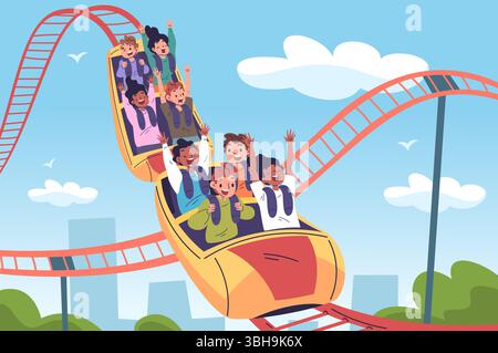 Achterbahn für Kinder. Kinder fahren auf Achterbahn, aufgeregt Junge Mädchen im Vergnügungspark glücklicher Nervenkitzel Emotion Reiten extremer Anziehung Hochgeschwindigkeitszug klassische Vektor Illustration Original Kunstwerk Stock Vektor