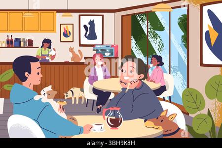 Haustierfreundliches Café. Haustierbesitzer trinken Kaffee Mittagessen im haustierfreundlichen Restaurant Shop oder Hotel gemütliche Inneneinrichtung, Leute auf Stuhl mit Welpen Hund Kätzchen Katzenfutter klassische Vektor Illustration Original Kunstwerk Stock Vektor