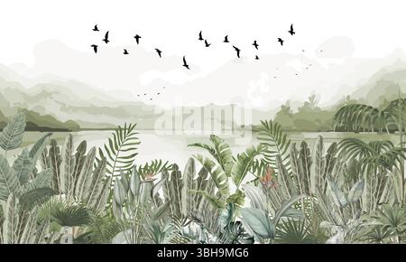 Ruhige Tropische Landschafttapete: Vögel Über Stumpfe Grüne Palmen Und Wasser Stockfoto